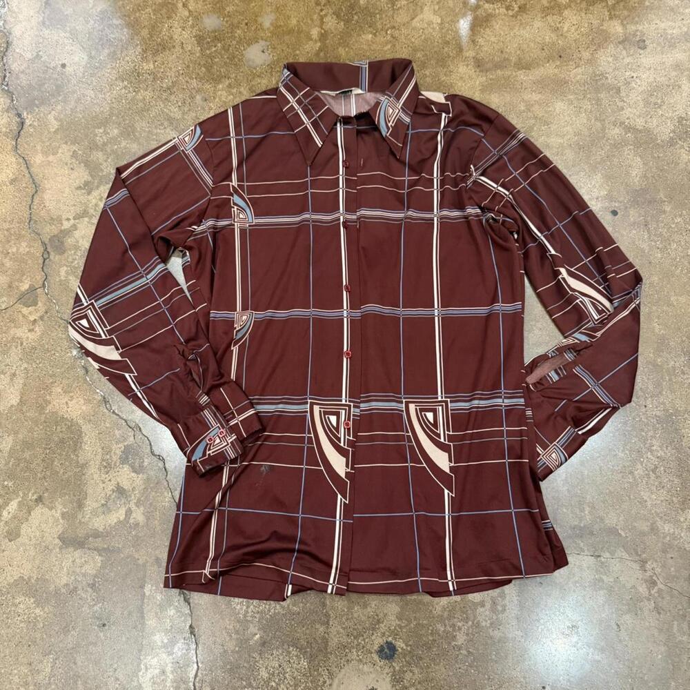Vintage Polyester Brown Collared Button Up Shirt - image 2